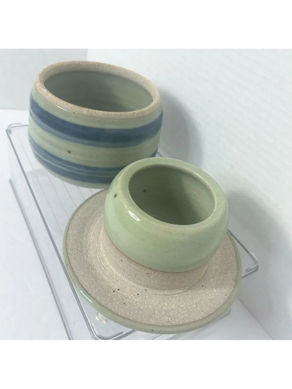 Studio Art Pottery Ceramic Large Butter Bell Floral Signed Bauer Blue Ribbed